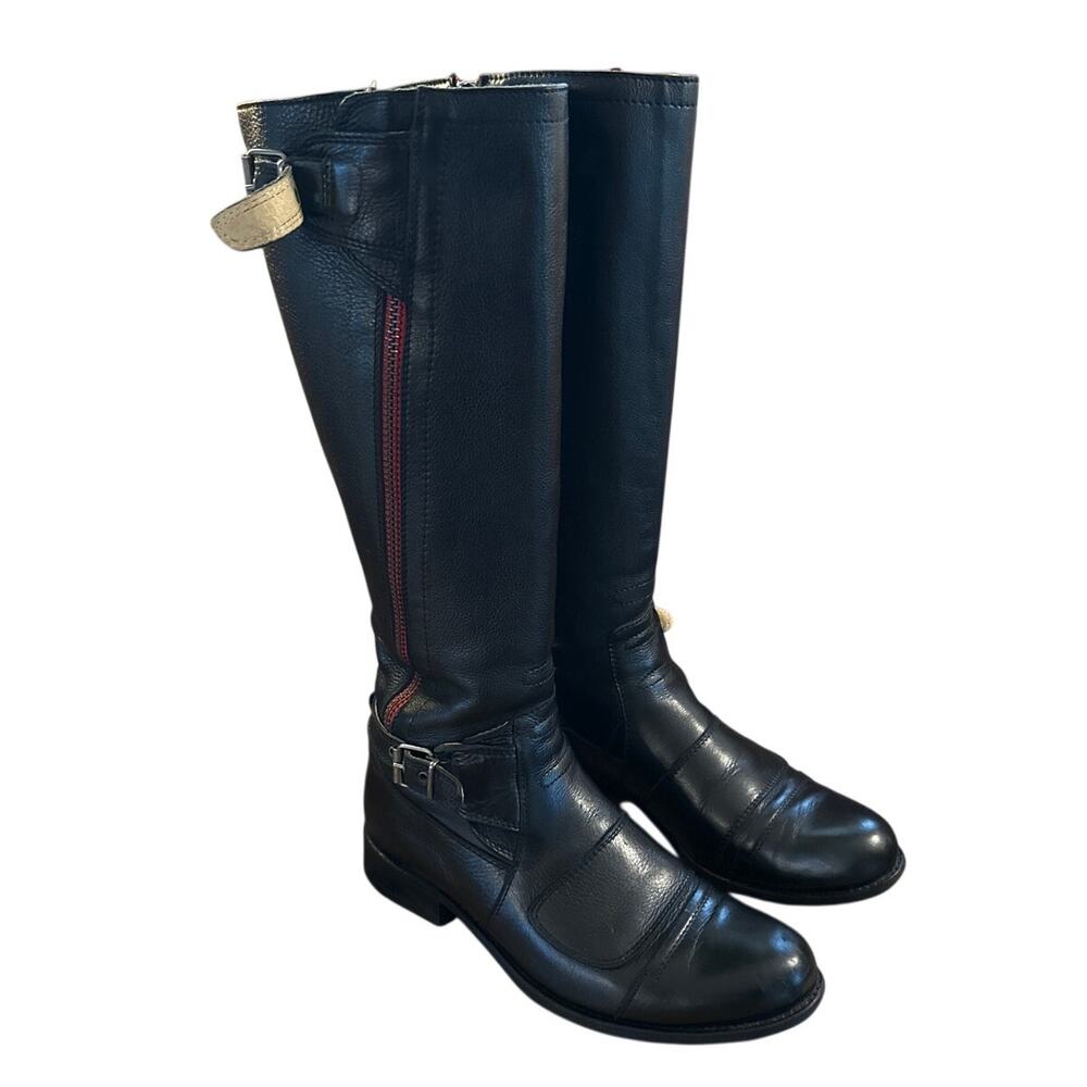 10 Sendra Juno Motorcycle Round Toe Leather Black Boots Spain Zip Knee High